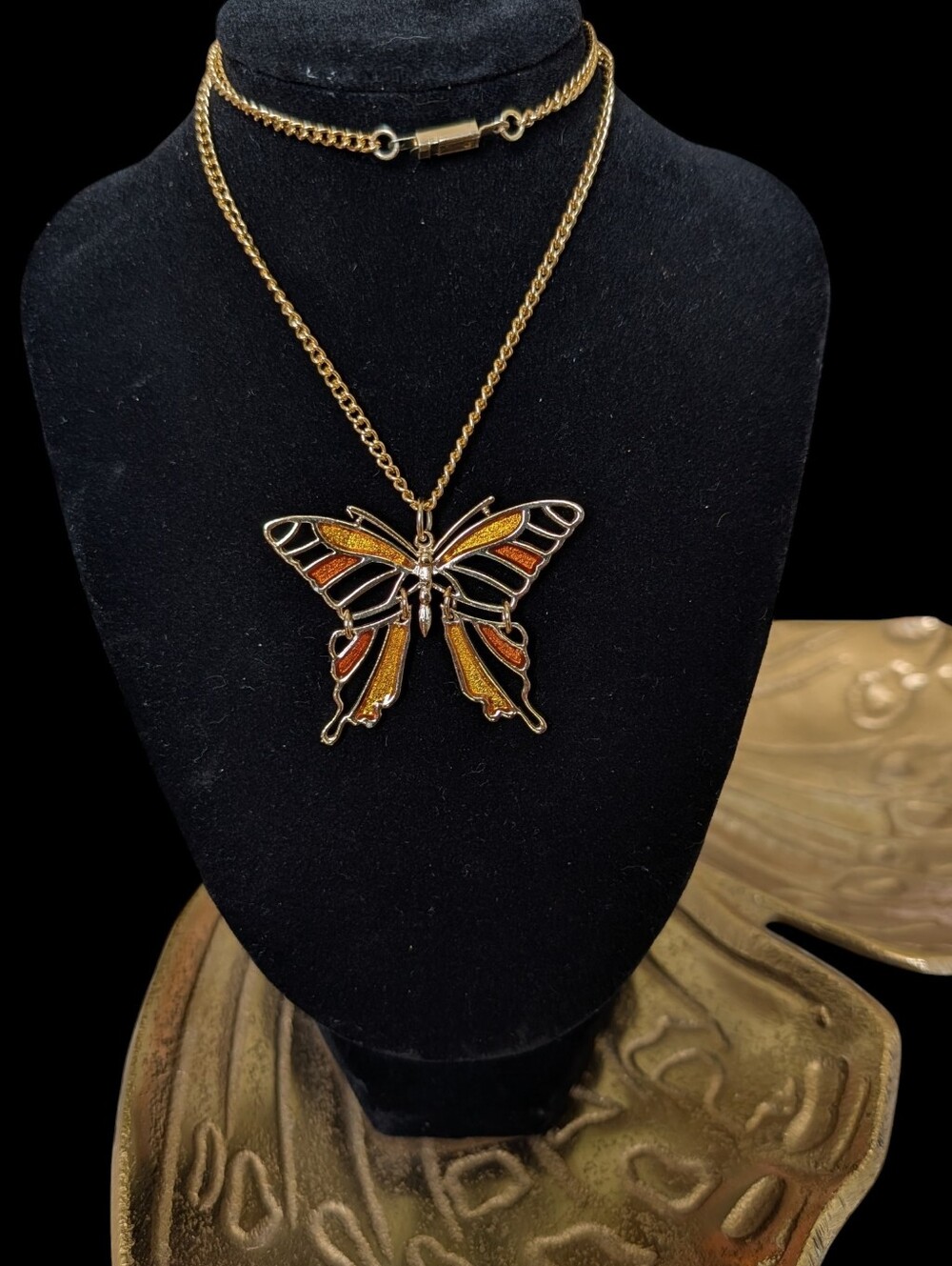 Gold 2 Inch Butterfly Necklace with Orange and Yellow Iridescent Enamel